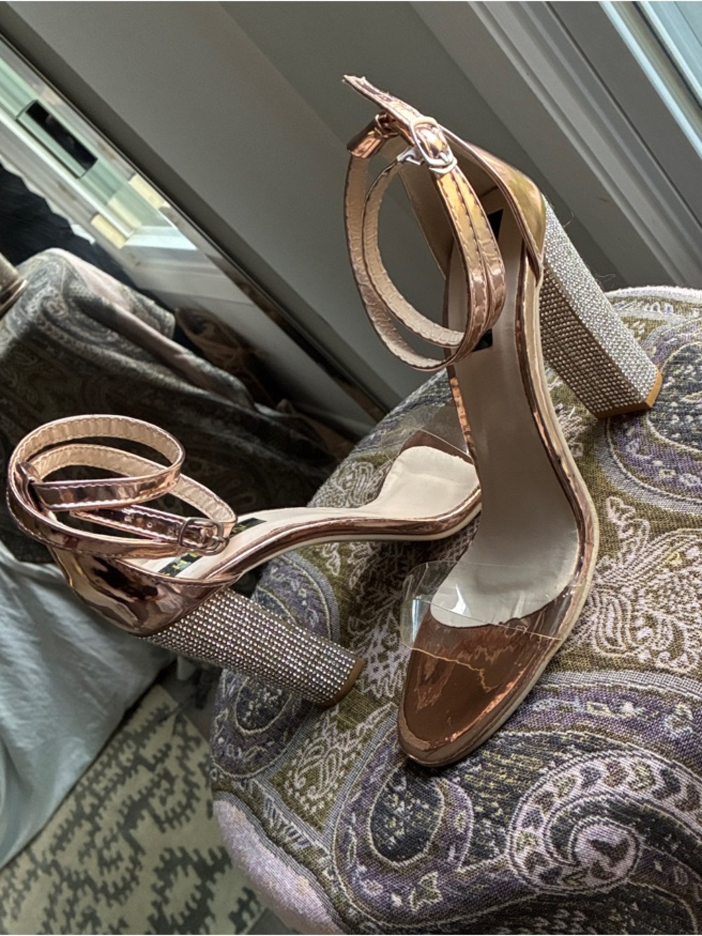 Rose Gold Women's High Heel Sandals with Sparkle Ankle Strap